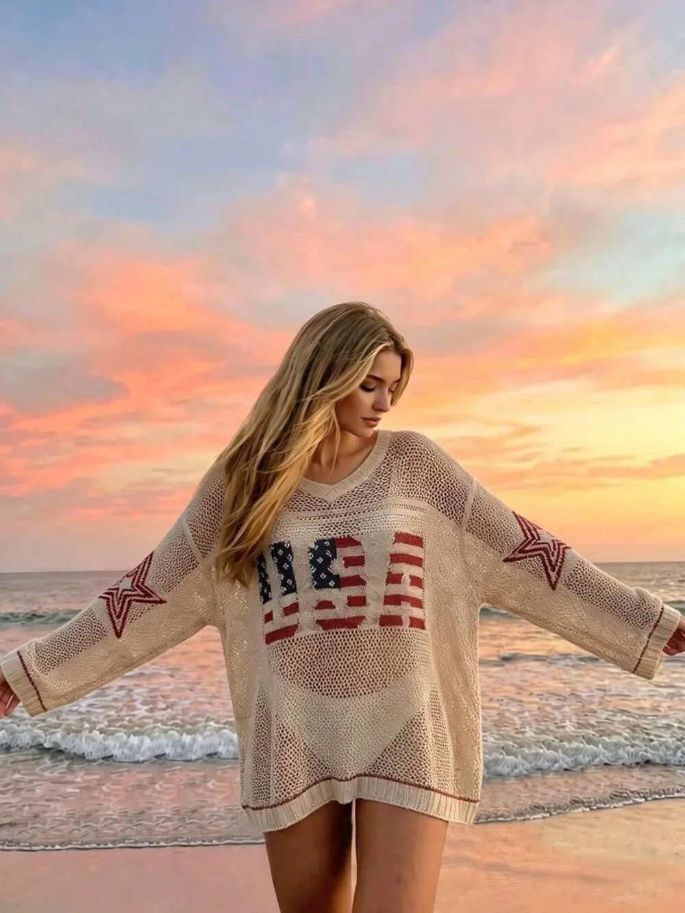 Beige Oversized Knit Women's V-Neck USA Flag Star Print Knit top